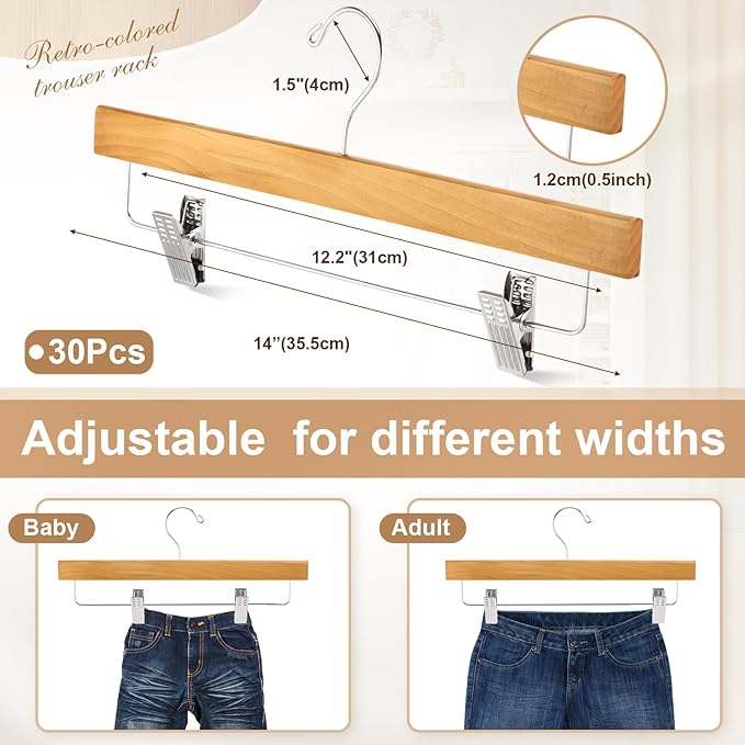 Sieral 30 Pack Wooden Pants Hangers with Clips Solid Wood Skirt Suit Coat Hangers with 2 Adjustable Clips 360 Degree Swivel Hook for Trousers Jeans Slacks Shorts Bottom, 14 Inch(Natural,Stylish)
