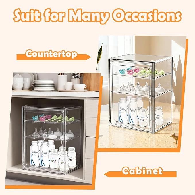 Baby Bottle Organizer,Adjustable Height Bottle Storage Organizer Baby for Bottles, Pacifiers, Pump Parts, Clear Organizer for Countertop, Cabinet,Vanity, Bathroom