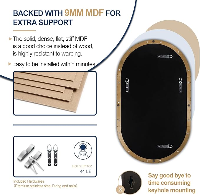 Andy Star Brass Oval Mirror, 24x40 Inch Bathroom Mirror Gold, Brass Vanity Mirror, Pill Shaped Mirrors Gold Metal Frame Stainless Steel 1’’ Deep Hang Vertically & Horizontally