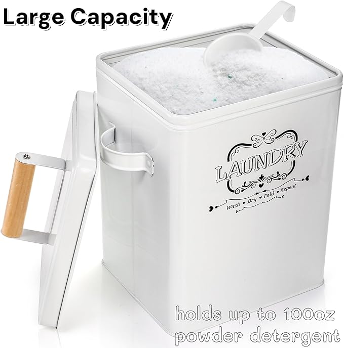 Goaste Metal Laundry Detergent Container, 100oz Modern Laundry Soap Dispenser with Scoop & Lid, Farmhouse Laundry Powder Storage Bin, White Laundry Pod Canister Tin Box for Laundry Organization