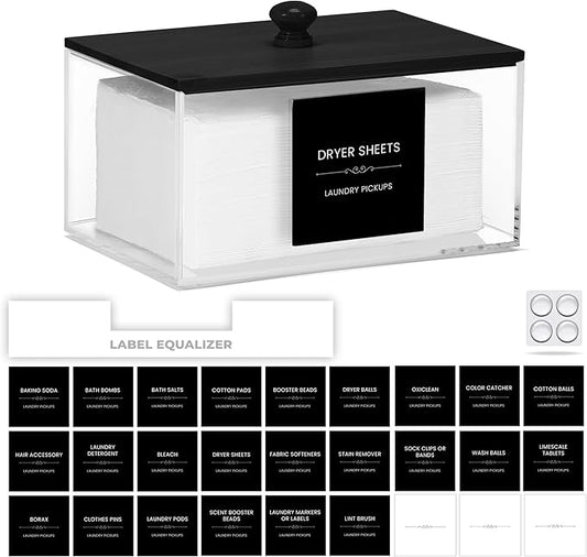 Dryer Sheet Holder with 30 waterproof Labels, Acrylic made tissue box holder with black bamboo lid, Acrylic Container Storage Box for Laundry Room Organization, Holds Sheets, Balls (Black)
