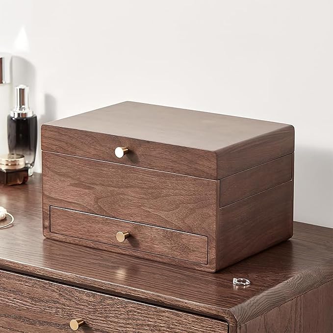 CHOSIN Black Walnut Jewelry Box for Women, 3-Level Multi-functional Organizer with Mirror for Watches, Necklaces, Rings & Earrings Storage Valentine's Day Gifts