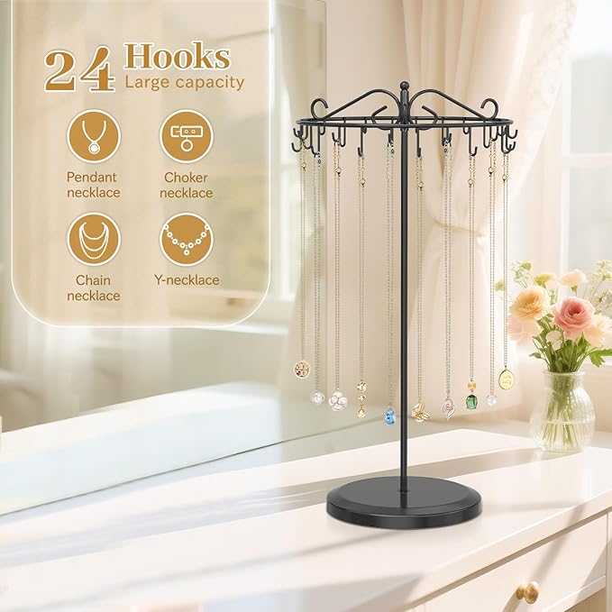 MODOWEY Necklace Holder Organizer Rotating Display, 24 Hooks Stand Adjustable Tree for Long Chain Storage, Tabletop Metal Hanger Rack for Men Women, No More Tangled Pendant Jewelry, Black