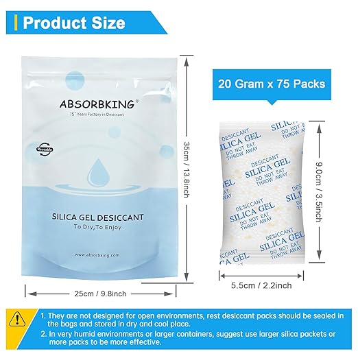 Moisture Absorbers, 20G 75 Pack Premium Transparent Desiccant for Storage, Silica Gel Desiccant Packets (20G, 75)