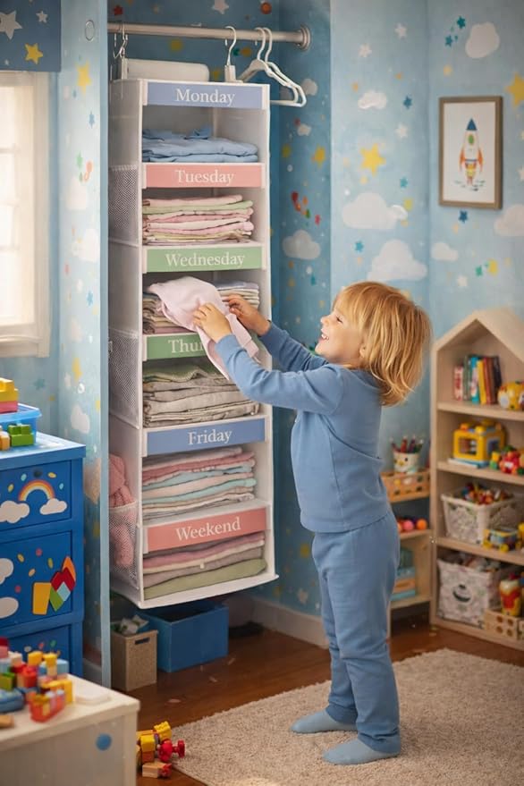 punemi Weekly Clothes Organizer for Kids, 6-Shelf Hanging Closet Storage with Side Pockets, Days of The Week Design, 11.8" x 11.8" x 37.8", Perfect for Organizing a Week's Worth of Kids' Clothing