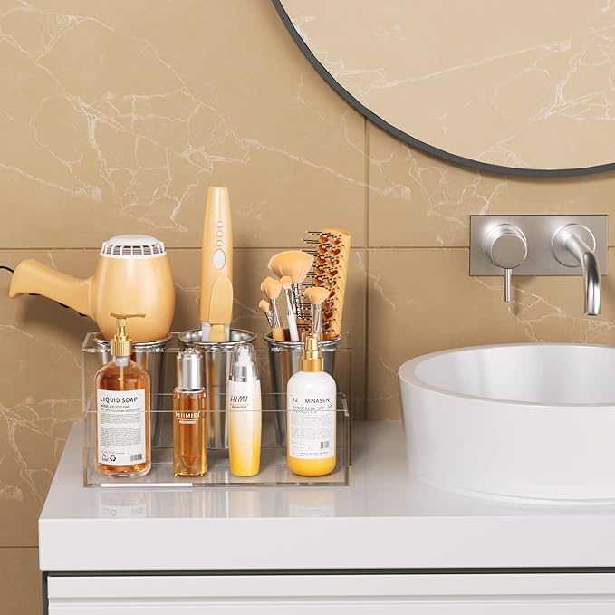 HIIMIEI Hair Tool Organizer, Acrylic Hair Dryer Holder, Bathroom Countertop Blow Dryer Stand Storage, Vanity Organizer for Accessories, Makeup, Flat Irons, Curling Irons, and Toiletries (Clear)