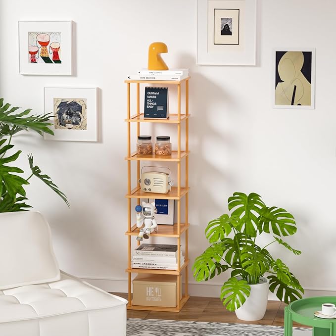Bamboo Free Standing Shoe Rack Shelf Multi Tier Tall Wooden Stackable Shoes Rack Organizer for Closet Front Door Entrance Narrow Vertical Shoe Storage (Nature, 7 Tiers)