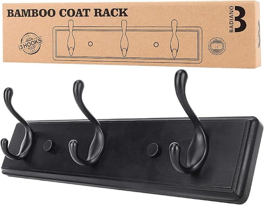 Wooden Coat Rack, Wall-Mounted Organizer for Closet, Entryway, Hallway, Foyer, Bedroom, Heavy Duty Double Hooks for Hanging Towels, Bags, Hats, Jackets, Key (Black, 3 Hooks)