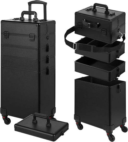 Rolling Makeup Case, Makeup Train Case with Lid, 5 in 1 Cosmetology Case on Wheels, Christmas Gift, Large Makeup Organizers, Profesional Cosmetic Case for Salon Barber, Black