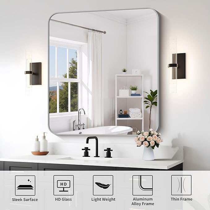 FORBATH 40x36 Inch Silver Bathroom Mirror for Over Sink, Large Rectangular Wall Mirror with Metal Frame, Rounded Corners for Bathroom, Bedroom, Entryway Decor (Horizontal or Vertical)