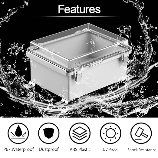 LeMotech Electrical Box, IP67 Waterproof Hinged Clear Cover Stainless Steel Latch Junction Box, ABS Plastic Electrical Enclosure with Mounting Plate,Wall Brackets, Cable Glands,8.7"x6.7"x4.3",Grey