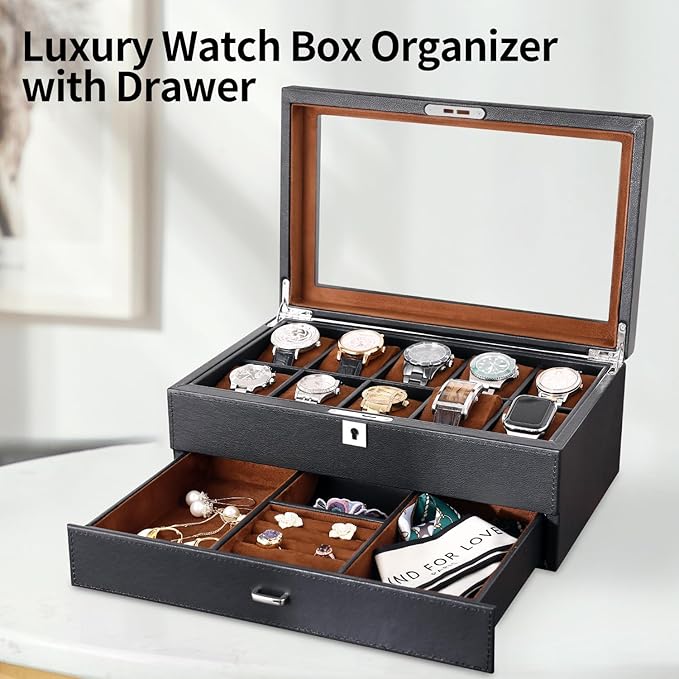 Leather Watch Box with Drawer-10 Slots Locking Jewelry Watches Holder for Men-Luxury Watch Case Display Organizer-2 Tier Organizer Watch Showcase-Storage Case