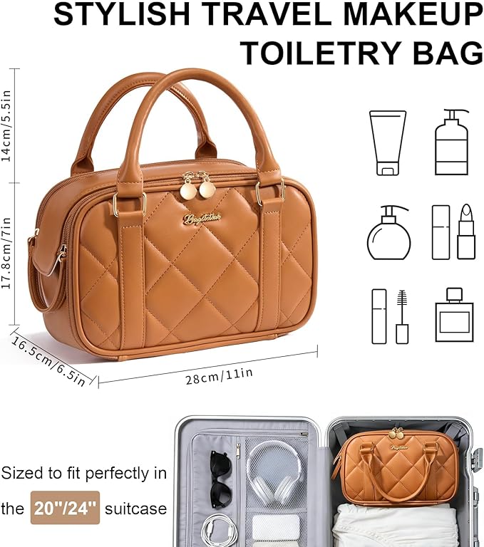 Travel Makeup Bag, Large Capacity Quilted Toiletry Bag for Women Stand-up Cosmetic Bag Open Flat Make Up Case Organizer Portable Pouch Purse w/Handle for Traveling Accessories, Brown