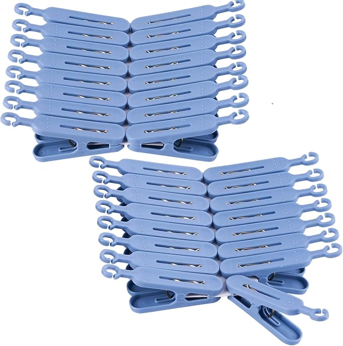 Foldable Clip Hangers Blue with 32Pcs Drying Clips Wind-Proof Hook for Underwear Socks Bras Lingerie Clothes