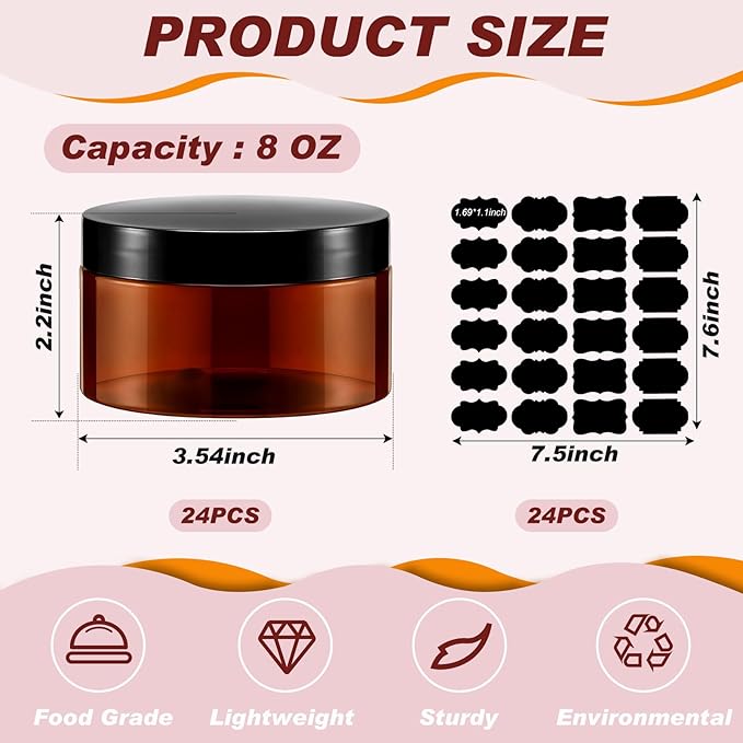 Dandat 24 Pcs 8 oz Plastic Jar Container with Lid and Label Refillable Empty Round Amber PET Cosmetic Sample Slime Containers for Lotion, Cream, Ointments, Body Butter, Makeup, Travel Storage