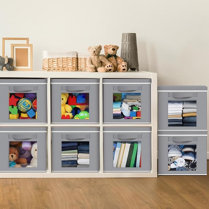 10 Pcs Fabric Storage Cube with Lid 11x11 Inch Fabric Storage Bins with Window Handle Collapsible Cube Organizer Basket for Shelves Closet Bedroom Office Clothes Book Stuffs (Light Gray)