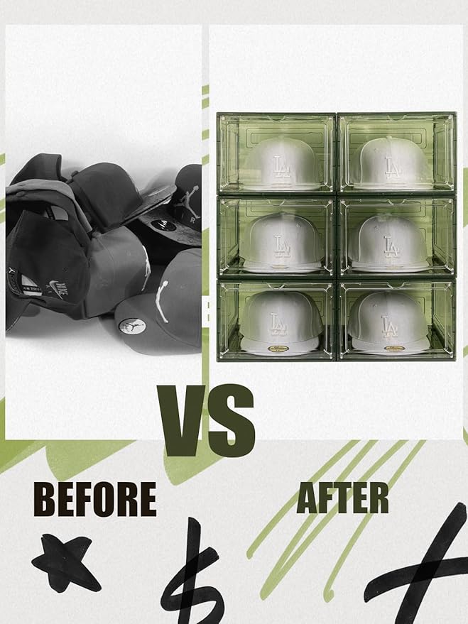 6 Pack Hat Organizer Box, Stackable Clear Baseball Caps Holder Box Containers with Magnetic Door for Hats Snapback Cap Storag, Hat Rack Display Case, Holds 8 Hats Each (Green)
