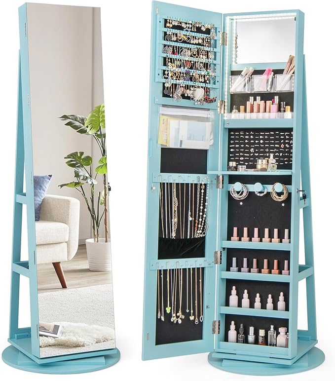 GOFLAME 360° Rotating Jewelry Cabinet with Full-Length Mirror, Freestanding Jewelry Armoire with 3-Color LED Light and Back Storage Shelf, Lockable Jewelry Organizer for Bedroom Cloakroom, Sky Blue