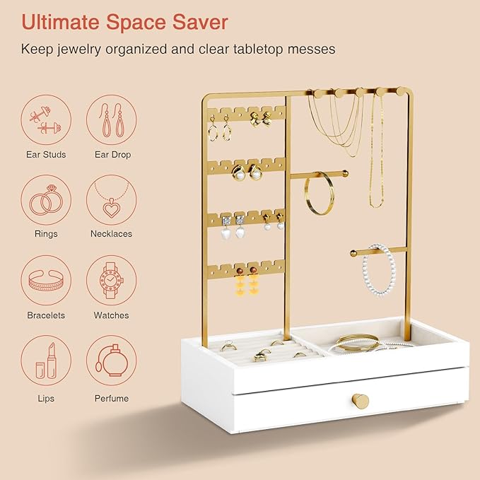 Gold Jewelry Stand Organizer Necklace Holder, Birthday Gifts for Women Girls, Small Jewelry Stand for Earrings Rings Bracelets, Velvet Jewelry Hanger Tree, Mothers Day Gifts - White and Gold