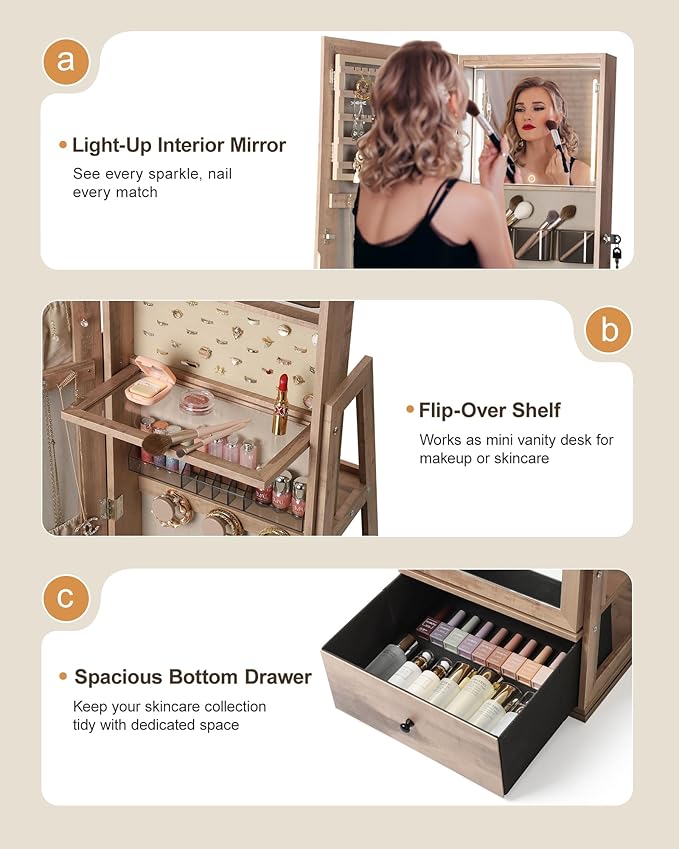 Nicetree 360° Swivel Jewelry Cabinet with Lights, Touch Screen Vanity Mirror, Rotatable Full Length Mirror with Jewelry Storage, Standing Jewelry Armoire Organizer, Foldable Makeup Shelf, Toasted Oak