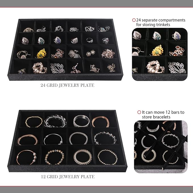 Julysky 4 Pcs/set Stackable Jewelry Organizer Trays for Drawer,100 Slots Ring Tray，Necklace Tray,12 Grid,24 Grid Jewelry Displays for Selling,Black