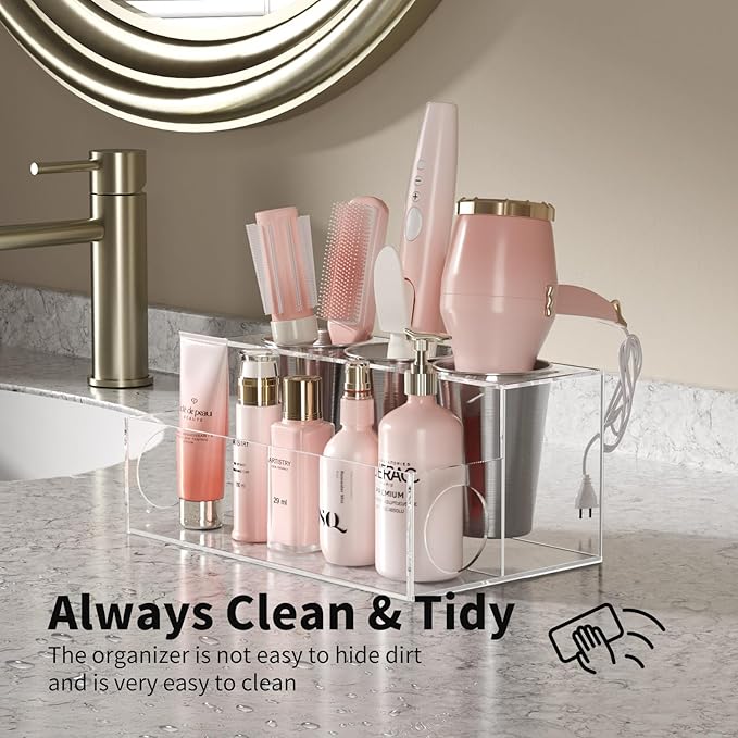 NIUBEE Hair Tool Organizer, Clear Acrylic Hair Dryer and Styling Organizer, Bathroom Countertop Blow Dryer Holder, Vanity Caddy Storage Stand for Accessories, Makeup, Toiletries