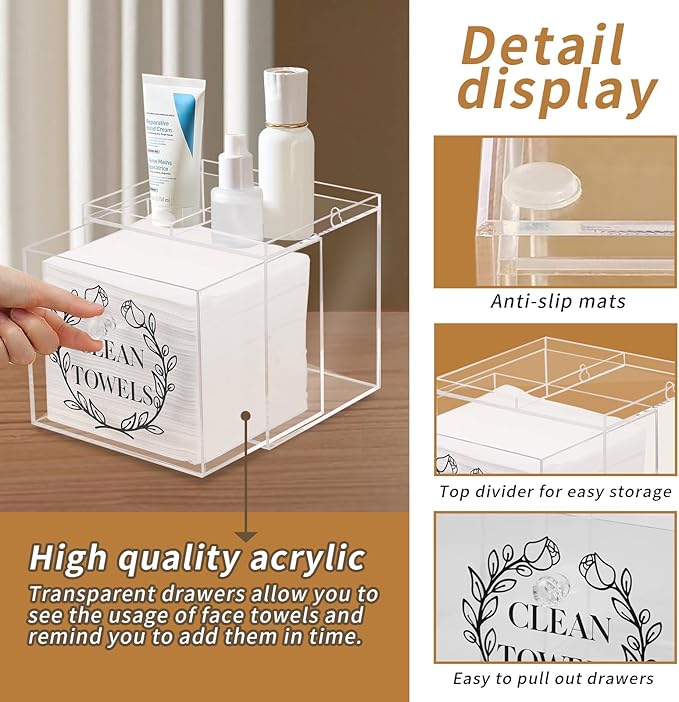 Disposable Face Towel Holder, Acrylic Storage Box for Clean Skin Club Face Towels, Laundry Sheet Holder, Dryer Sheet Holder, with Movable Dividers and Small Diamond Handles Acrylic Towel Container Box