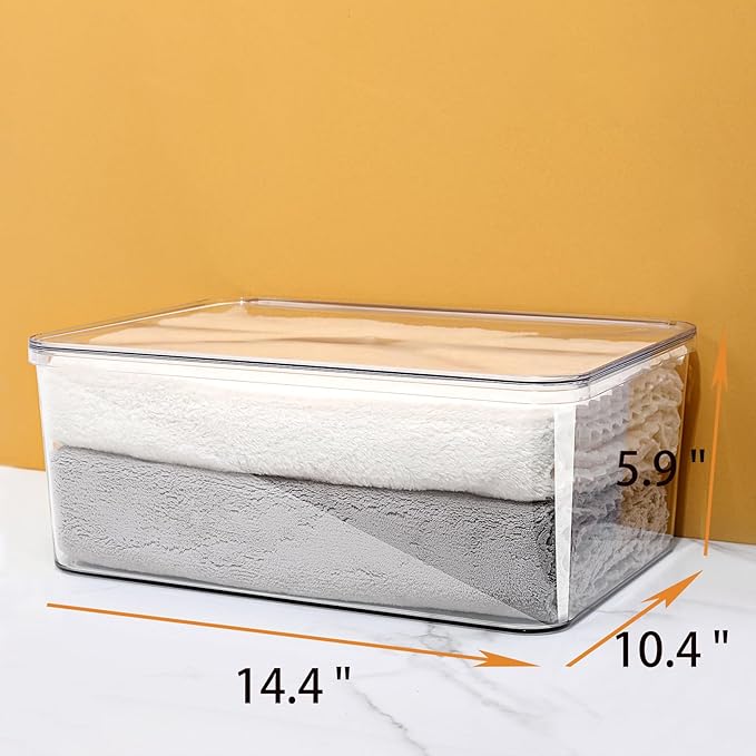 4 Large Lidded Plastic container, Clear Stackable Storage Boxes for Cabinets, Organization and Storage for Shelves Office Bathroom