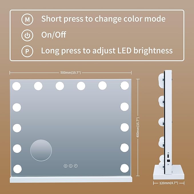 Vanity Mirror with Lights Lighted Makeup Mirror with Dimmable LED Bulbs,3 Color Lighting Modes,USB Charging Port Touch Control,Sturdy Metal Frame Design,White (50x40cm, 4.70)