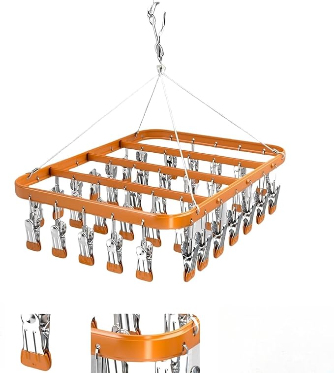 Clothes Drying Racks Clip Hangers Metal with 36 Clips Windproof Hook Underwear Hanger Foldable Laundry Clip for Socks Bras (Gold)