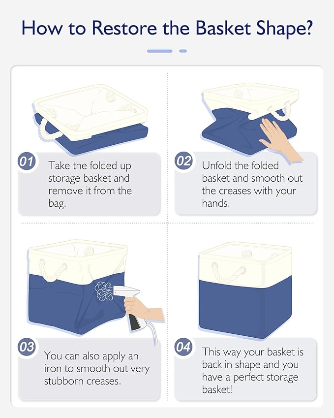 11 Inch Storage Cubes 4-Pack, Foldable Fabric Organizer Bins with Rope Handles, Cube Storage Baskets for Closet Shelves and Home Organization(White/Blue)