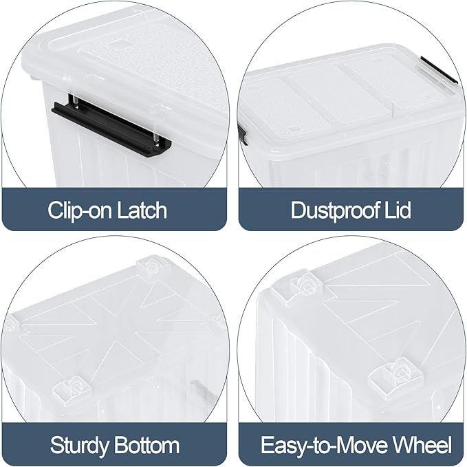 70 L Clear Storage Bin with Wheels, Extra Large Plastic Latching Storage Box, 4 Pack