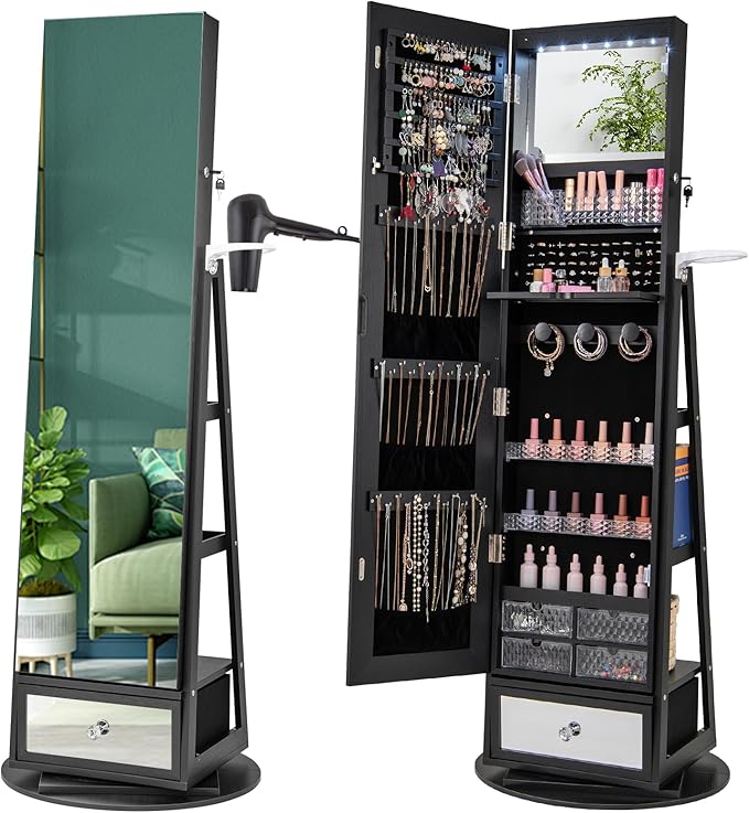 CHARMAID 360° Swivel Jewelry Cabinet Armoire 64.5" H, Full Length Mirror with Jewelry Storage, 6 LEDs Lockable Jewelry Organizer, Rear Storage Shelves, Large Drawer, Hairdryer Holder (Black)