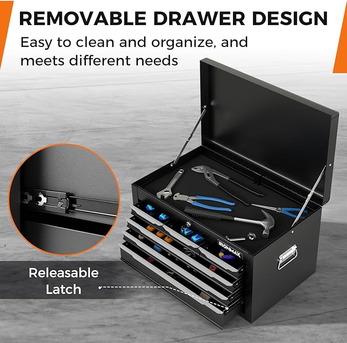 IRONMAX 6 Drawer Tool Box, 24" Lockable Toolbox with Top Tray, Portable Steel Storage Box Organizer, Heavy Duty Tool Chest Cabinet for Garage, Workshop, Repair Shop, Warehouse