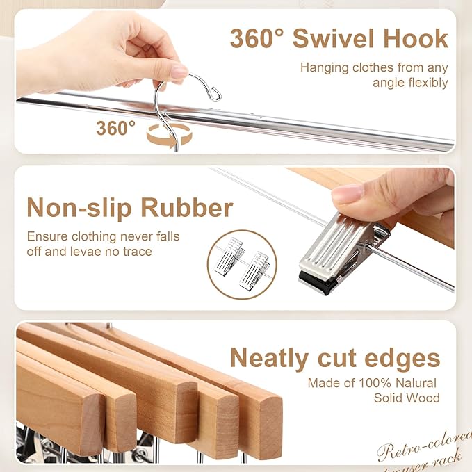 Sieral 30 Pack Wooden Pants Hangers with Clips Solid Wood Skirt Suit Coat Hangers with 2 Adjustable Clips 360 Degree Swivel Hook for Trousers Jeans Slacks Shorts Bottom, 14 Inch(Natural,Stylish)