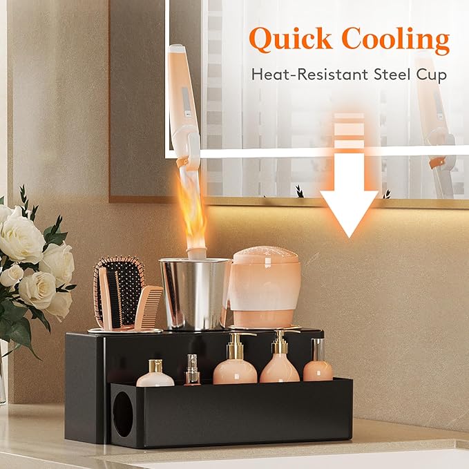 Lifewit Hair Tool Organizer Countertop, Removable Blow Dryer Holder for Bathroom, Acrylic Hot Tools Organizer Storage for Curling Iron, Brush, Straightener, 3 Stainless Cups, Black, 30 cm/12 inch(L)