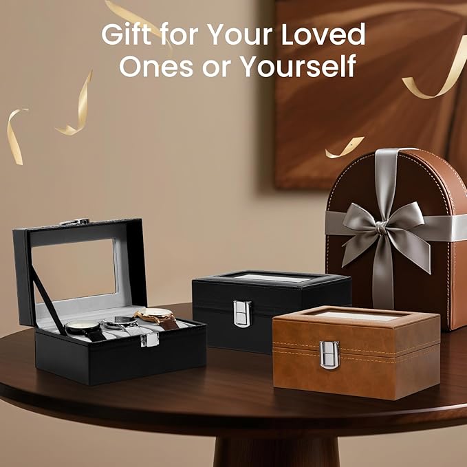 Uten 3-Slot Watch Box, PU Leather Watch Case with Glass Lid, Watch Holder Organizer with Soft Pillow and Velvet Lining, Watch and Jewelry Storage Box