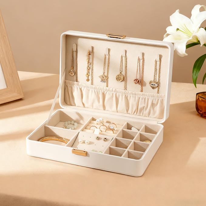 Secure Jewelry Organizer Box with Lock Compact Single Layer Storage for Travel & Home Holds Rings, Earrings, Pendants White