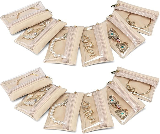 Vlando Jewelry Travel Case,Travel Jewelry Organizer with Clear Velvet Jewelry Bags Zipper Pouch for Women Girl Gift 12Pcs Bag