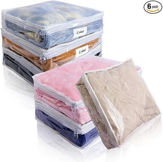 Clear Zippered Storage Bags Plastic Sweater Storage Bags with Zipper 6 Packs Clothing Organizer for Blankets Linen Sweater Bed Sheet Quilt Clothes Pillow (12 x 12 x 4 Inch)