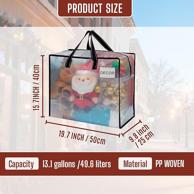 VENO 4 Pack Moving Bags, Christmas Storage Containers, Storage Totes, Zipper On Top, Sturdy, Storage Bags for Camping, Clothes, Bedding, Comforters, Pillows (13 Gallon Clear, 4 Pack)