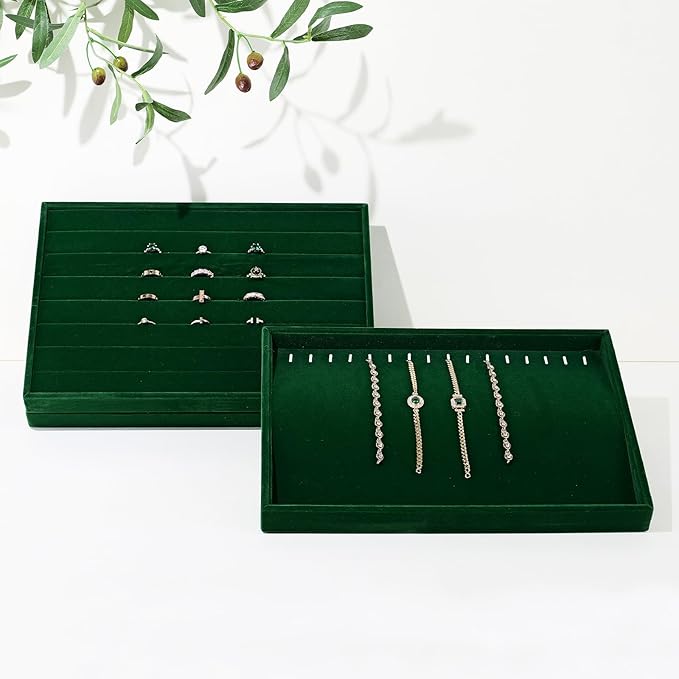 16 Slots Necklace Bracelet Tray Velvet Jewelry Trays Jewelry Drawer Organizer for Necklace, Bracelets, Watch Storage Display (Green)