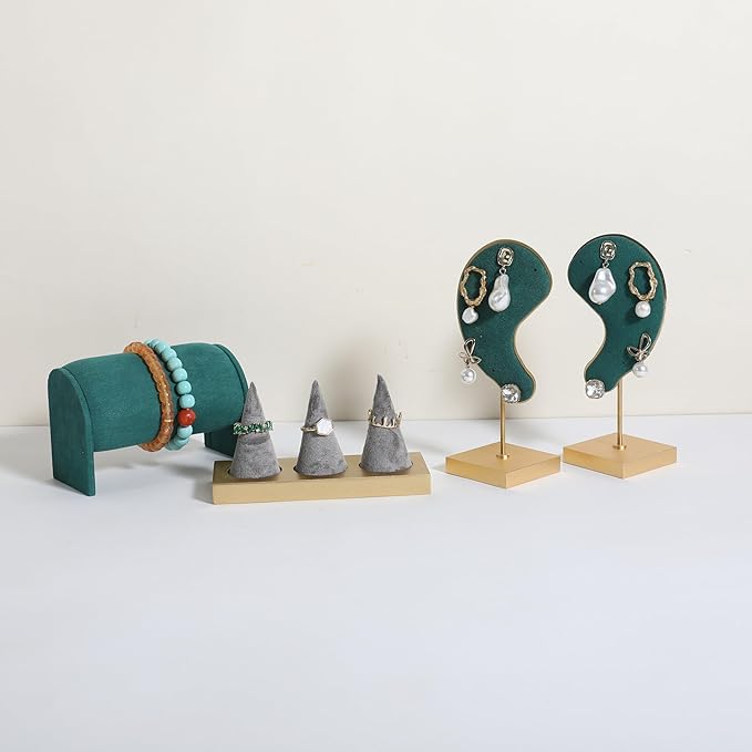 GemeShou grey jewelry ring display holder for selling, velvet ring cone display stand, cute cone shaped ring holder with golden coated base,Small jewelry ring storage organizer【Ring holder-grey】