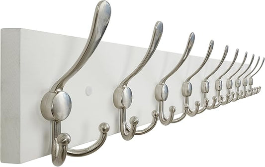 SKOLOO Creations White Solid Wood Wall Mounted Coat Rack, 10 Hooks, 38-1/8" Long - Kitchen, Mudroom, Entryway, Bathroom - Includes Mounting Hardware, Wall Coat Hanger, Towel Rack