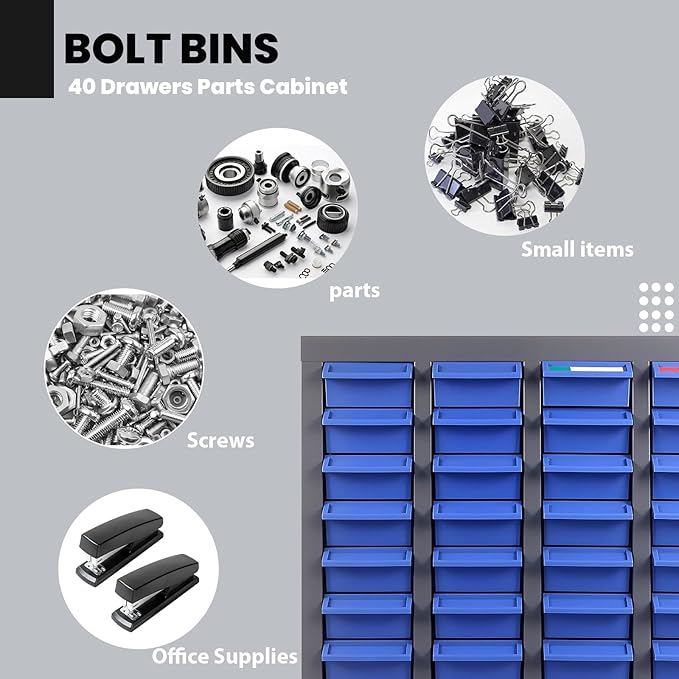40 Drawer Parts Cabinet, Blue Nut and Bolt Organizer, ABS Material Bolt Organizer Storage, Nuts and Bolts Organizers with Shelf and Label, Bolts Bins for Tool Hardware Storage