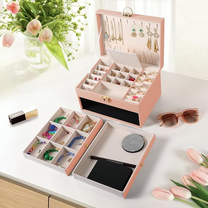 3 Layer Jewelry Box, Jewelry Holder with Lockable Drawer, Large Jewelry Boxes & Organizer with Velvet Earring Holder, Gifts for Mom Women