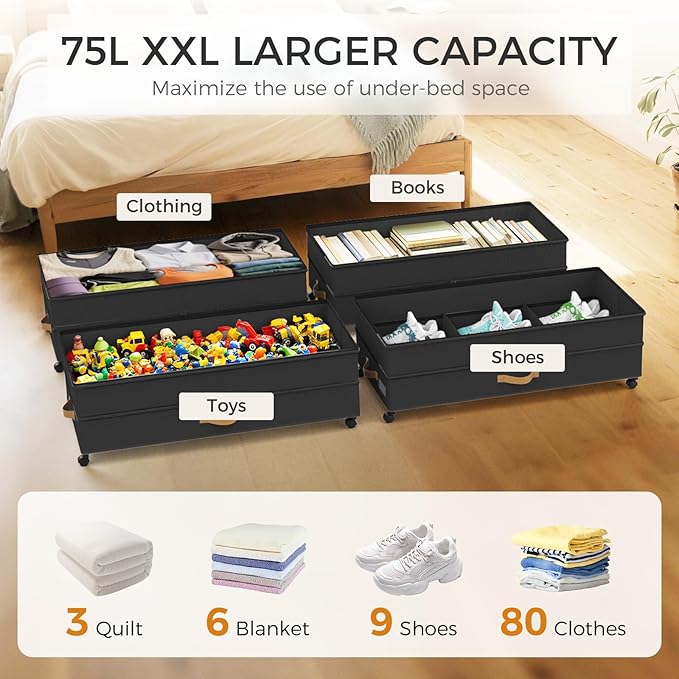 Under Bed Storage with Wheels 2-Pack, 75L XXL Under the Bed Storage Containers Large, 12" Tall Adjustable Storage for Underbed with Lids, Rolling for Shoes, Clothes, Blankets (Black)