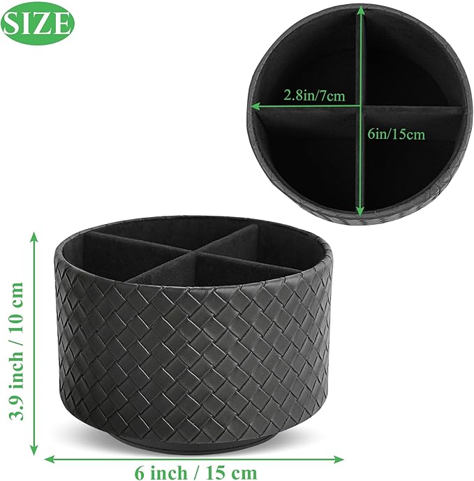 Hennaja Round Leather Art Supply Organizer,Remote Control Holder,360 Degree Spinning,Multi-Functional Pencil Holder,4 Compartments Desktop Stationary Organizer(1-Weave Black)