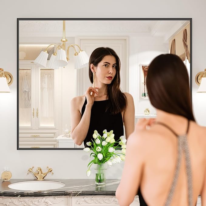 LOAAO Black Bathroom Mirror 48"X40" for Wall, Rectangle Bathroom Vanity Mirror, Tempered Glass, Hangs Vertically or Horizontally, Easy to Install, Modern Design