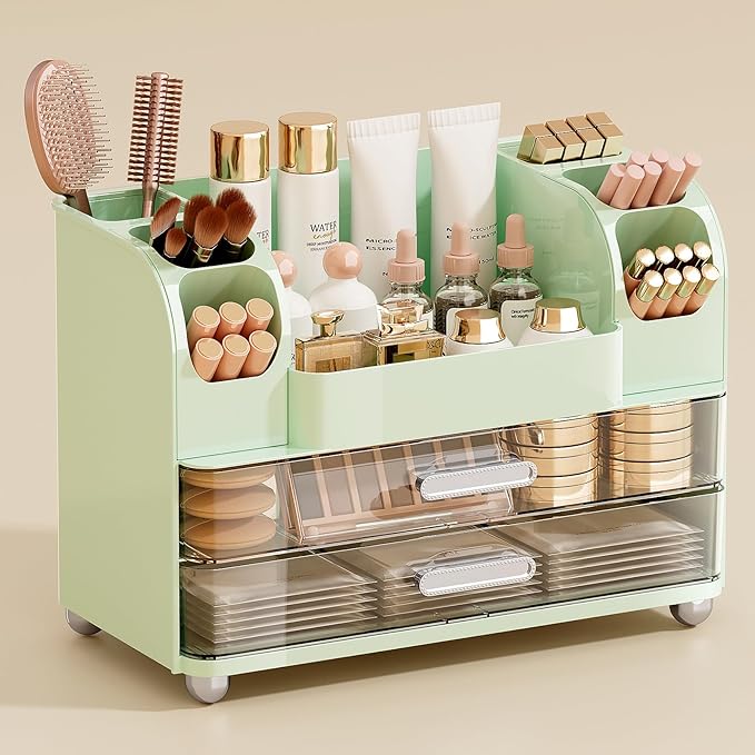 Makeup Organizer for Vanity with 2 Large Drawers, Cosmetic Display Case with Brush Holders, Easy to Storage for Bathroom Countertop Skincare, Desk Office Supplies, Green